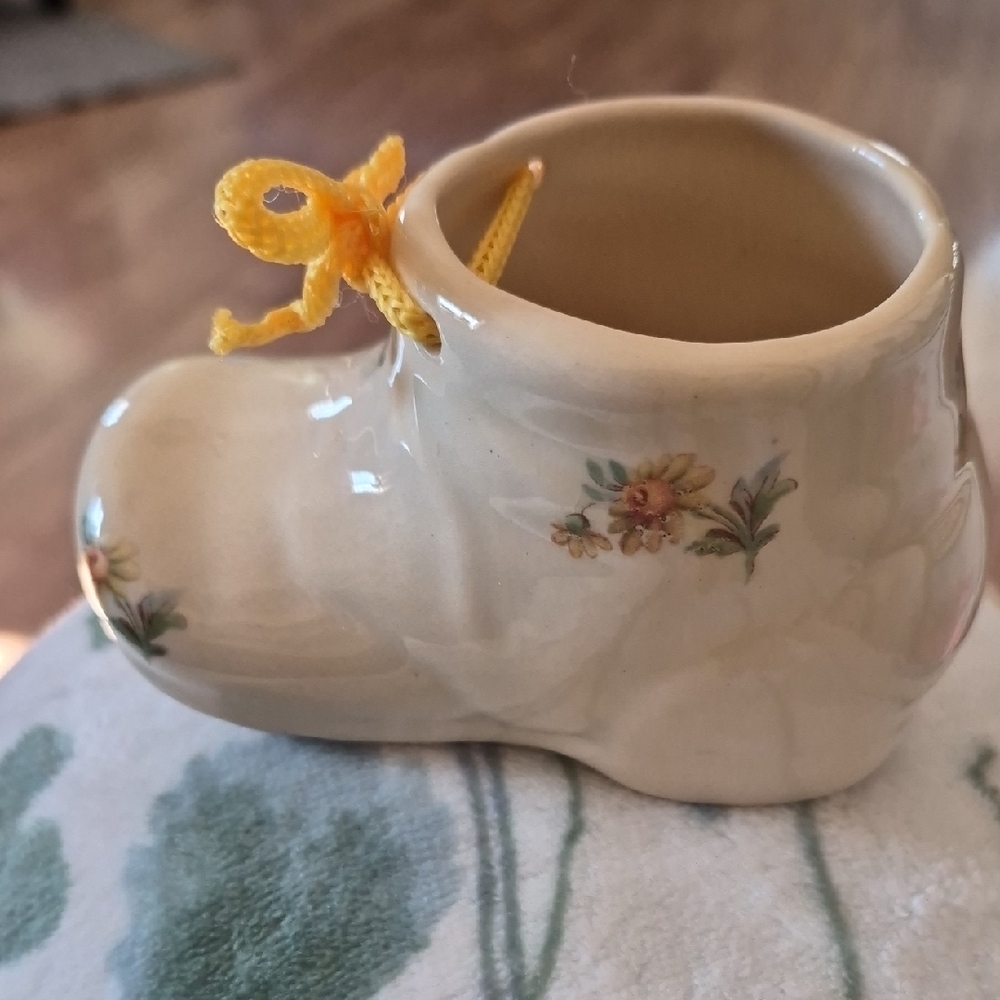 Vintage Ceramic Baby Boot Planter with Yellow Floral Detail